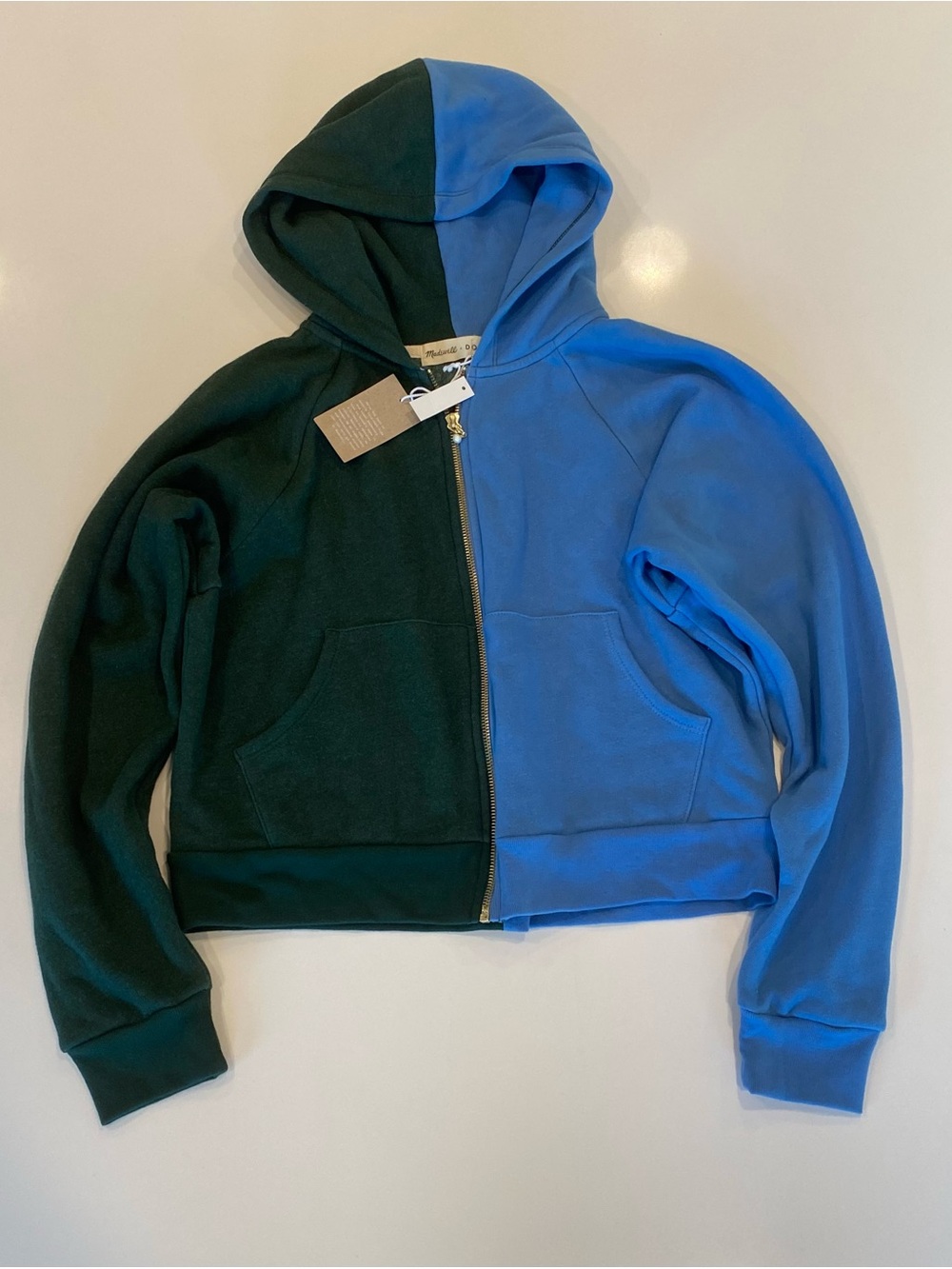 Madewell x Donni Colorblock Blue Green Small NWT Soft Hoodie Pearl Zipper
